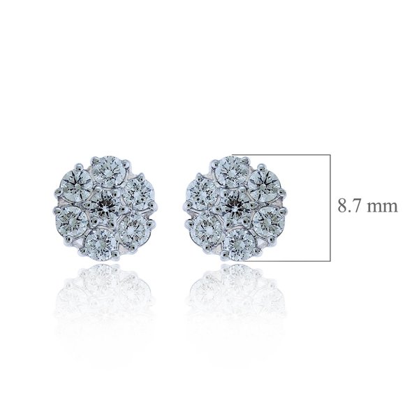 1.00 Carat Round Cut Diamond Cluster Stud Earrings 14K White Gold - Picture 5 of 5